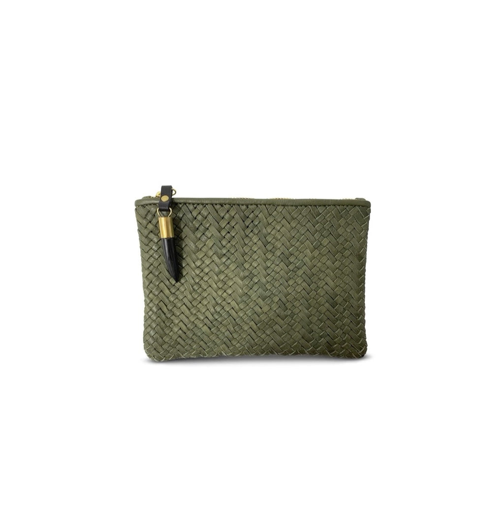 SMALL WOVEN OLIVE POUCH
