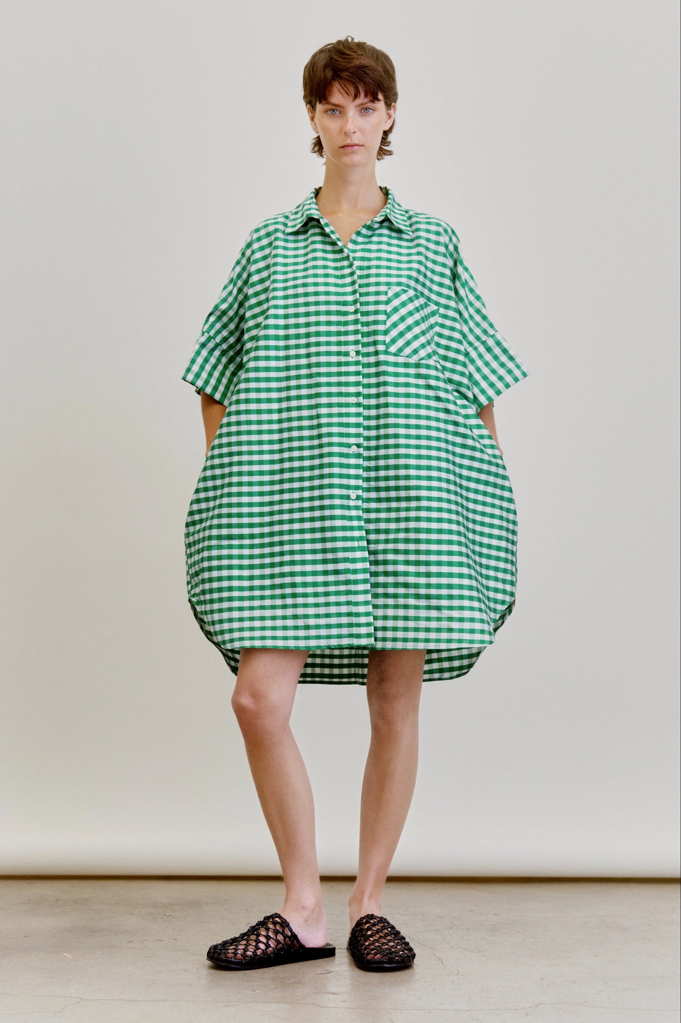 BELLINI DRESS IN GINGHAM TAFFETA- EMERALD GREEN