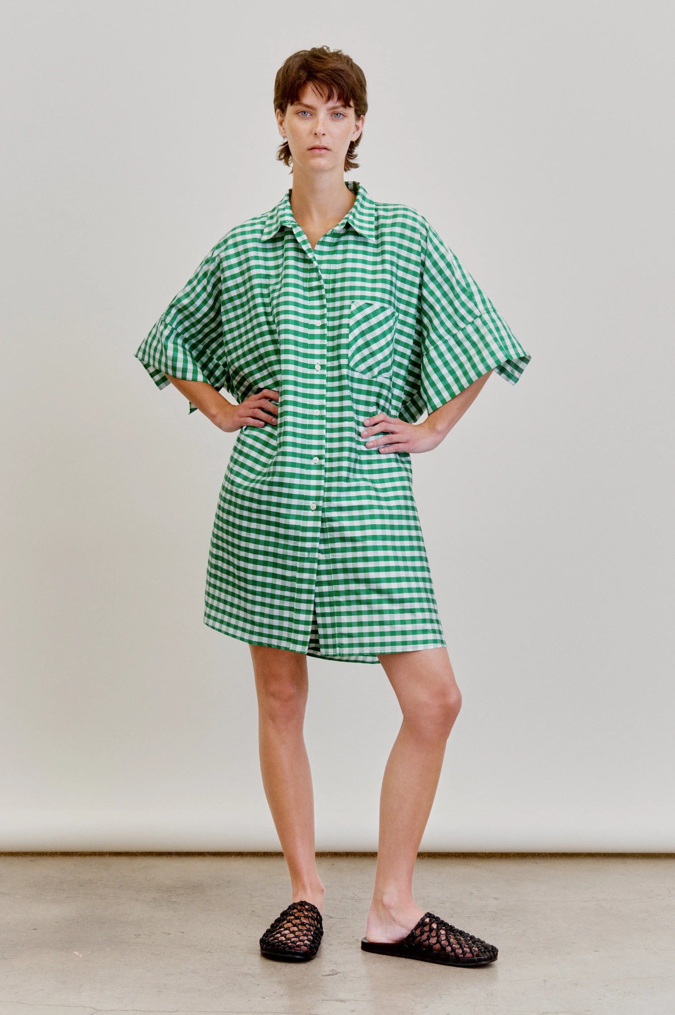 BELLINI DRESS IN GINGHAM TAFFETA- EMERALD GREEN