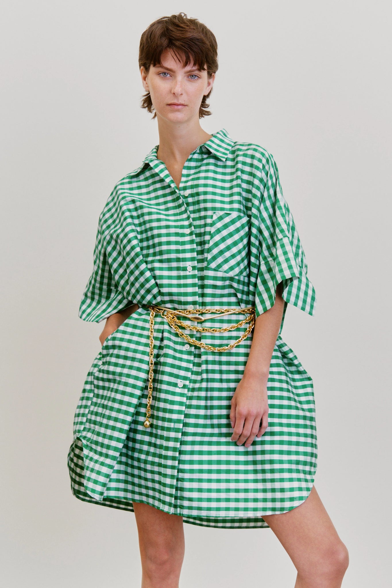 BELLINI DRESS IN GINGHAM TAFFETA- EMERALD GREEN