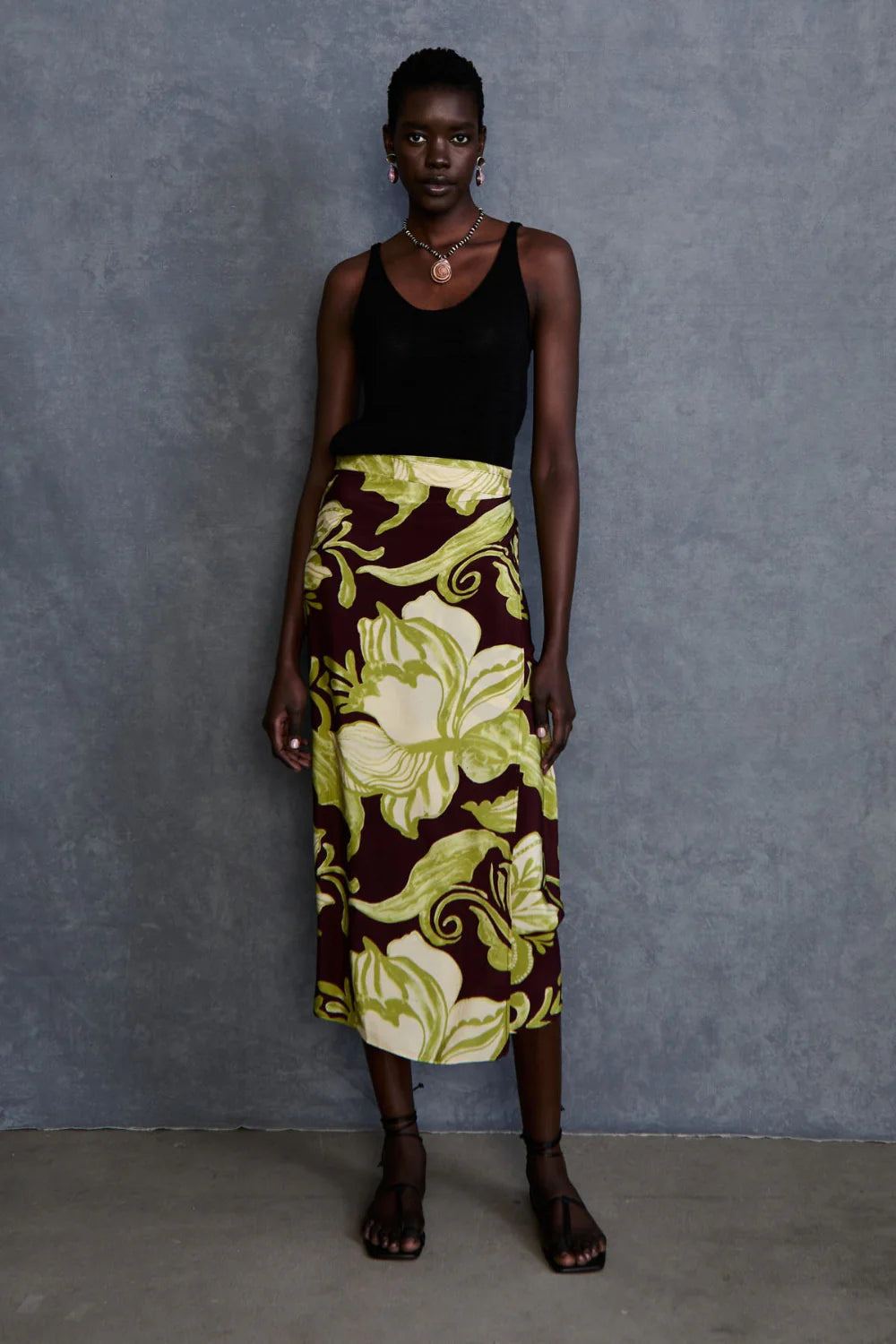 HIBISCUS SILK WRAP SKIRT CABERNET