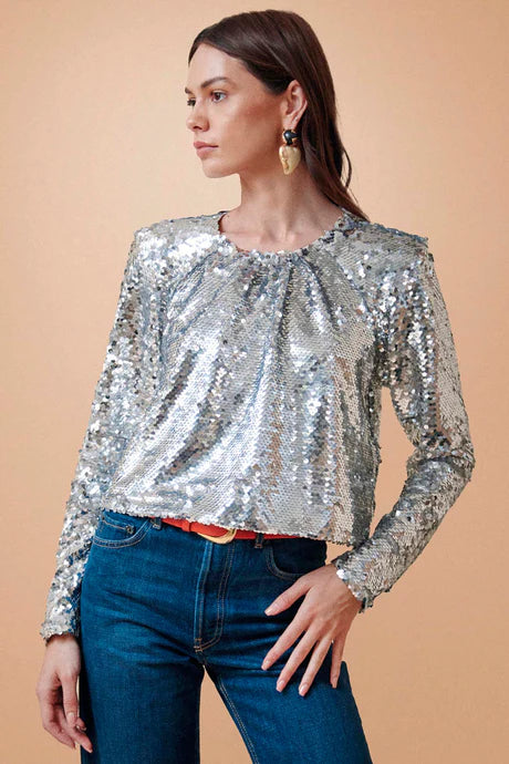 LIBBY TOP - SILVER SEQUINS