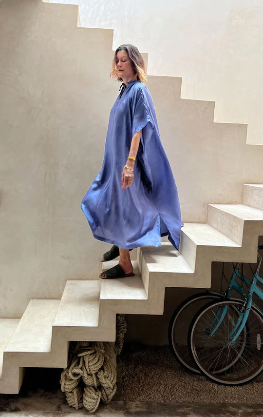 SILK RUFFLE CAFTAN - MEDITERRANEAN BLUE