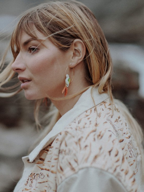 PARROT AND FEATHER HOOP EARRINGS