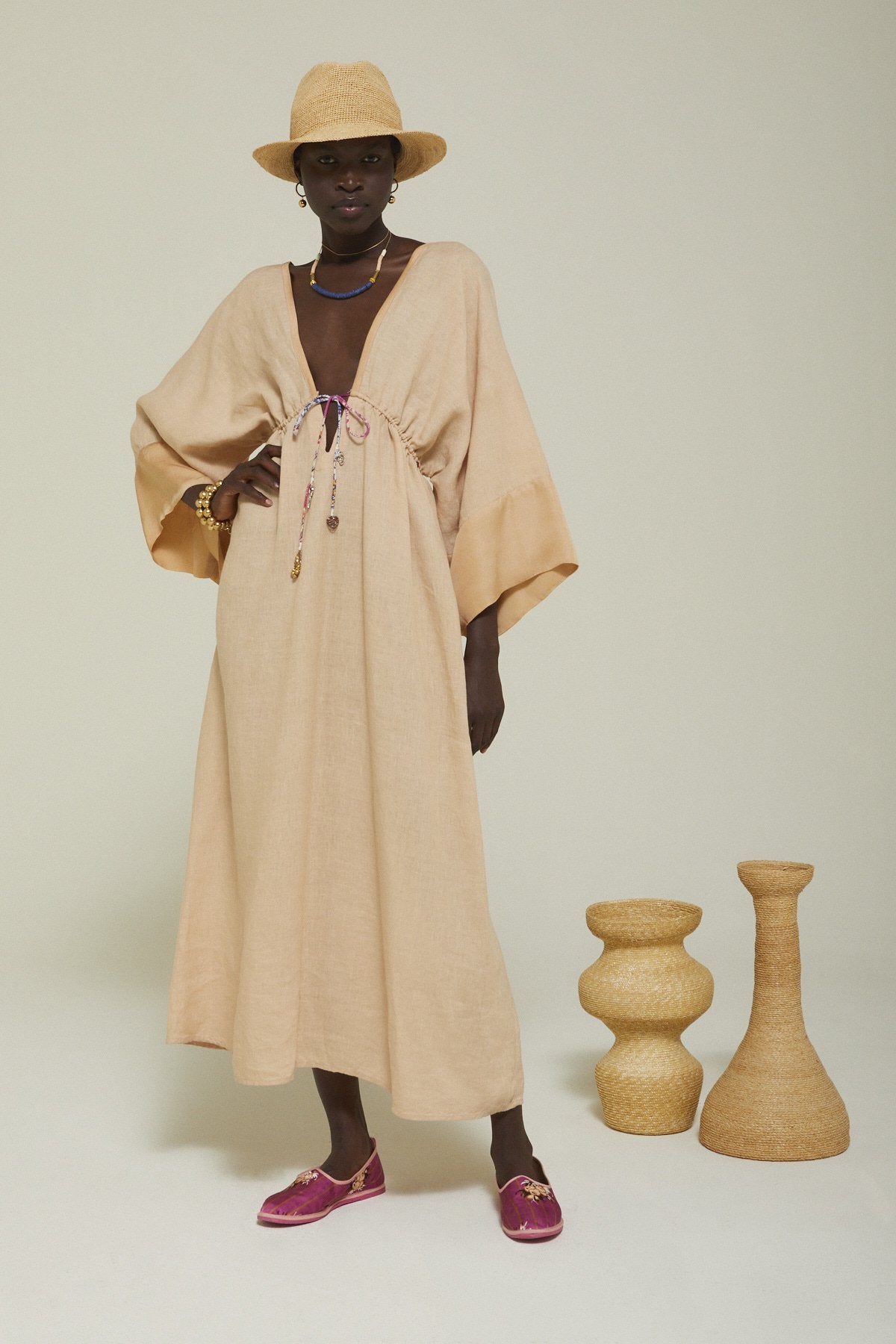 LINEN LONG DRESS WITH DRAWSTRING - NUDE