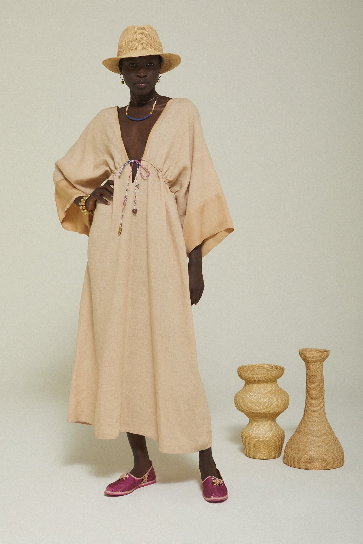 LINEN LONG DRESS WITH DRAWSTRING - NUDE Atelier Boutique LINEN LONG DRESS WITH DRAWSTRING - NUDE Atelier Boutique